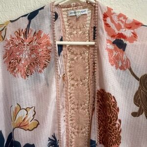 Woven Heart Pink Floral Lace Trim Kimono Cardigan Maxi Cover Up XL